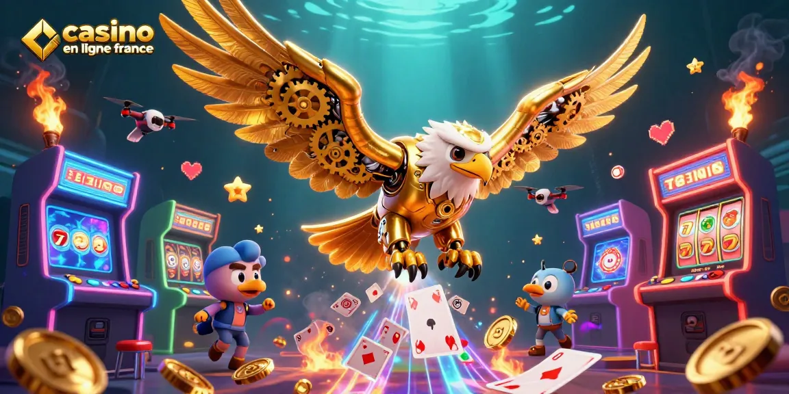 Plongez dans le monde du casino en ligne France avec des machines à sous et un aigle cybernétique.