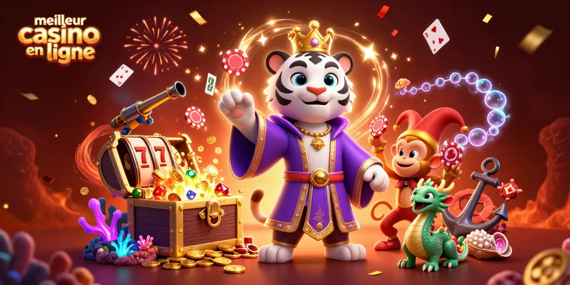 Plongez dans l'univers du meilleur casino en ligne avec une illustration dynamique représentant un tigre majestueux, un singe joueur, et un dragon de jade entourés de trésors et de machines à sous.