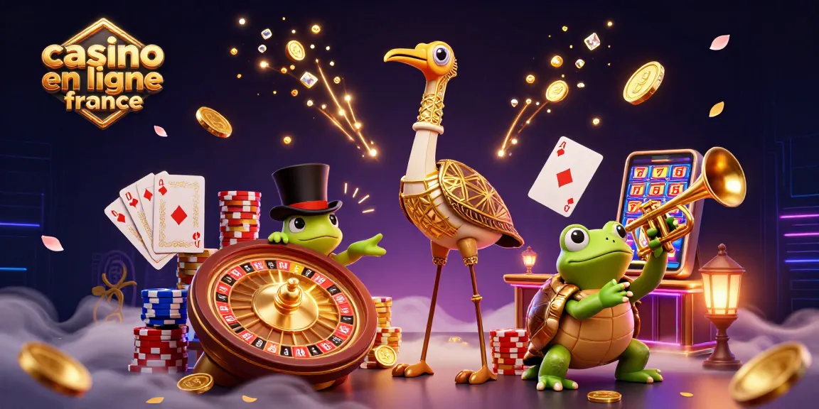 Jouez dans un casino en ligne France avec une scène dynamique comprenant une grue art déco, une tortue chapeautée et une grenouille musicienne.