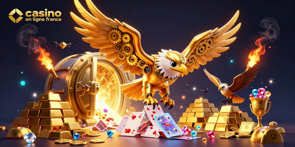 Un plongeon d'un aigle cybernétique doré symbolisant le casino en ligne France avec des cartes holographiques.