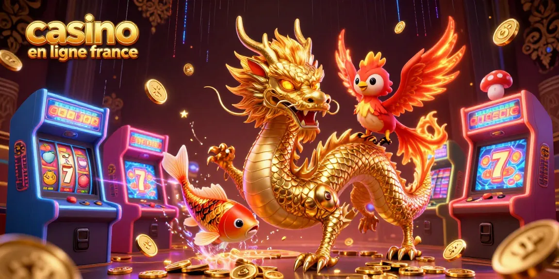 Illustration dynamique de casino en ligne France avec dragon, phénix et carpe, symboles de jackpot.