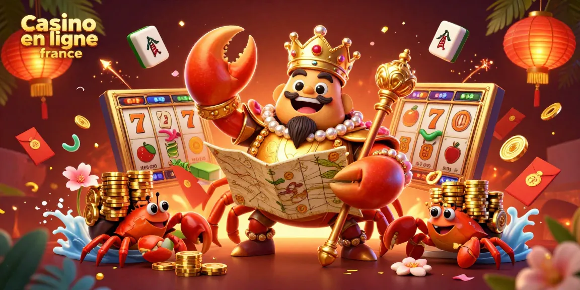 Visualisez l'empereur crabe doré du casino en ligne France tenant un sceptre, entouré de jeux et de décorations.