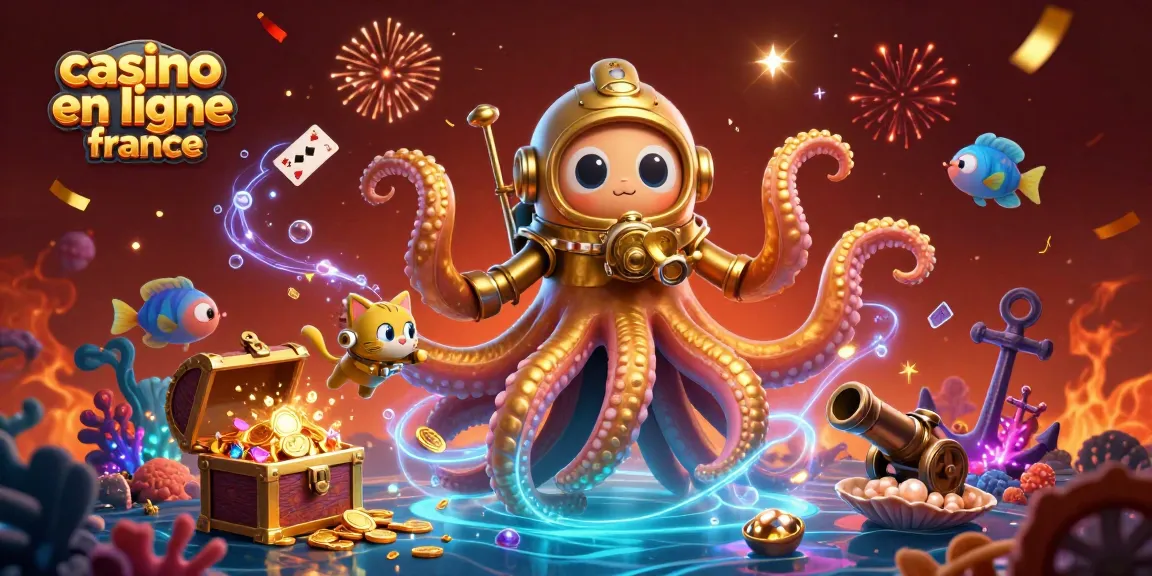 Les jeux de casino en ligne France animent la scène sous-marine magique avec un kraken et un chat plongeur.