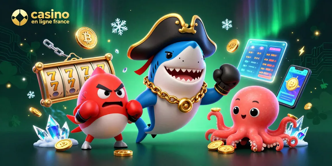 Illustration 3D d'un casino en ligne France avec un requin pirate et un poisson-globe dans un décor vibrant.