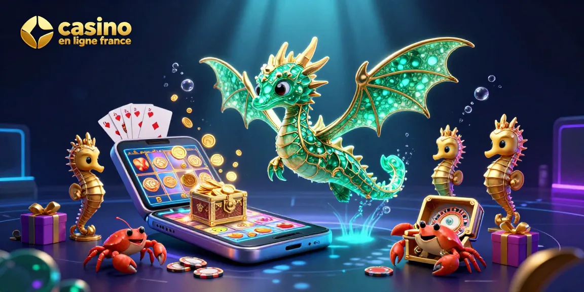 Illustration colorée représentant le casino en ligne France avec des dragons marins et des jeux de casino.