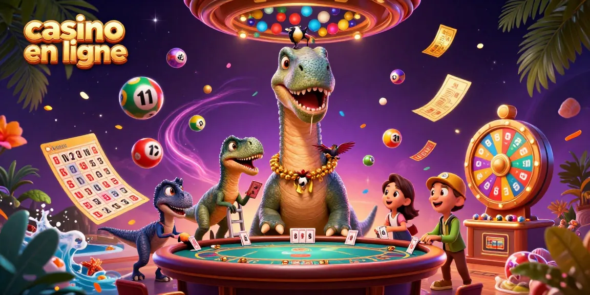 Animation captivante dans un casino en ligne avec des dinosaures, des boules de loterie, et des éléments colorés.