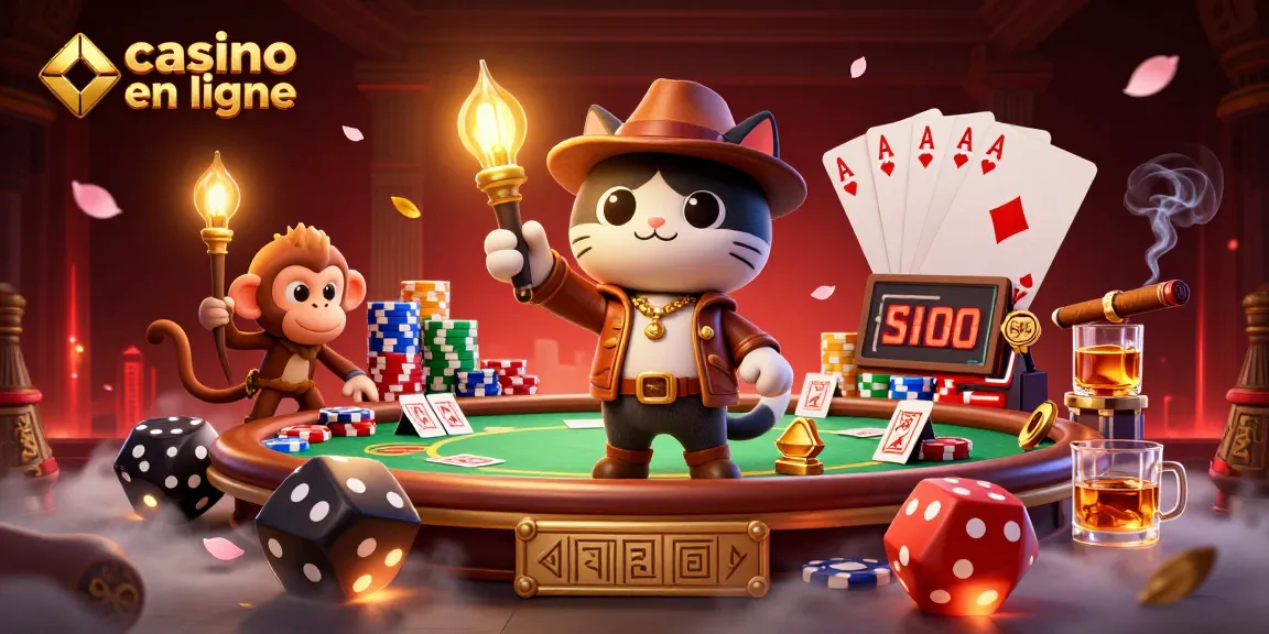 Jouer sur un casino en ligne avec un chat explorateur découvrant un artefact dans un temple, entouré de jetons colorés.