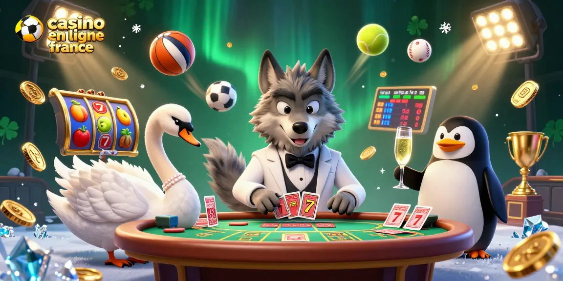 Illustration captivante de casino en ligne France, loup élégant au baccarat, oie distribuante et pingouin sommelier, ambiance festive.