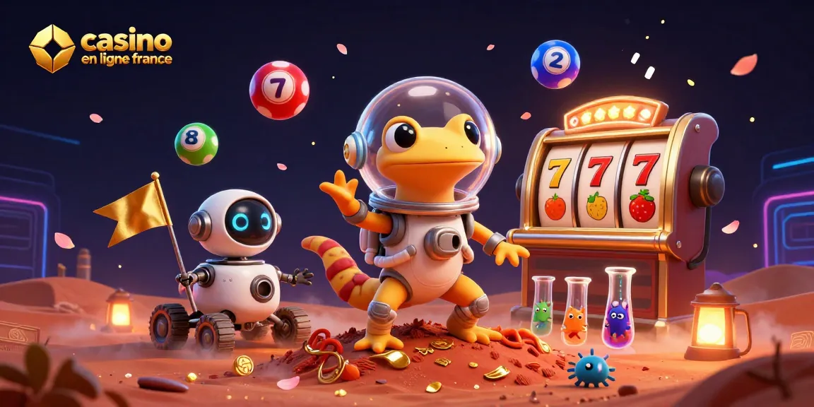 Découvrez le casino en ligne France avec un lézard martien et des éléments de jeu colorés.