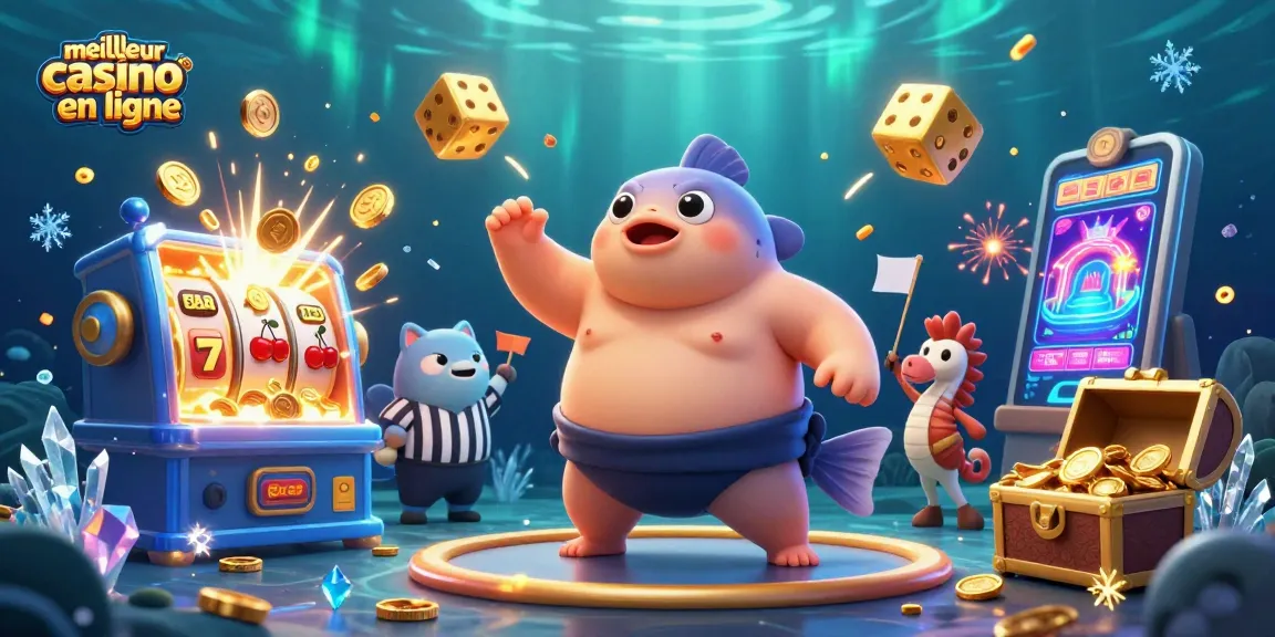 Illustration d'un fugu en ligne, le meilleur casino en ligne avec des éléments de jeux et des drapeaux.