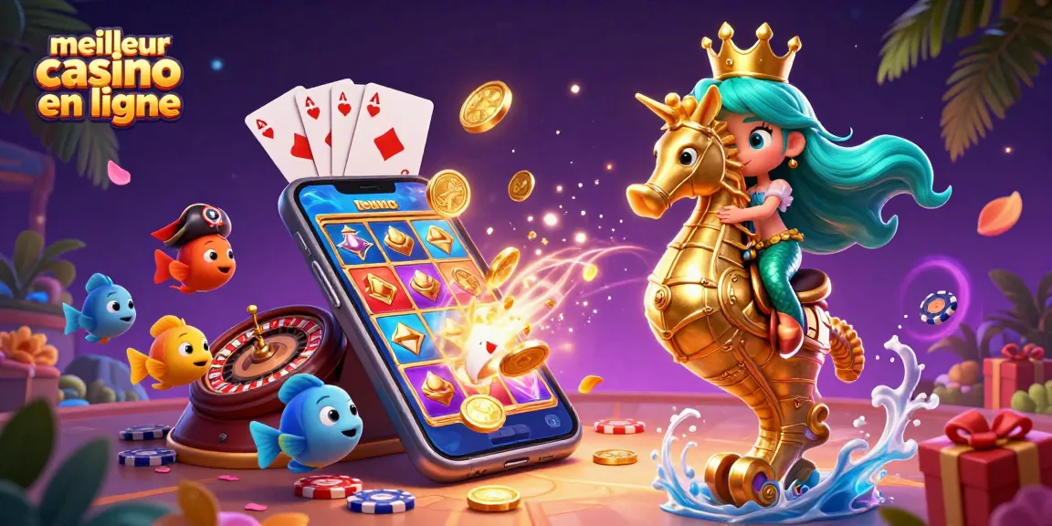 Découvrez les jeux au meilleur casino en ligne avec une scène dynamique de casino et une sirène ludique.
