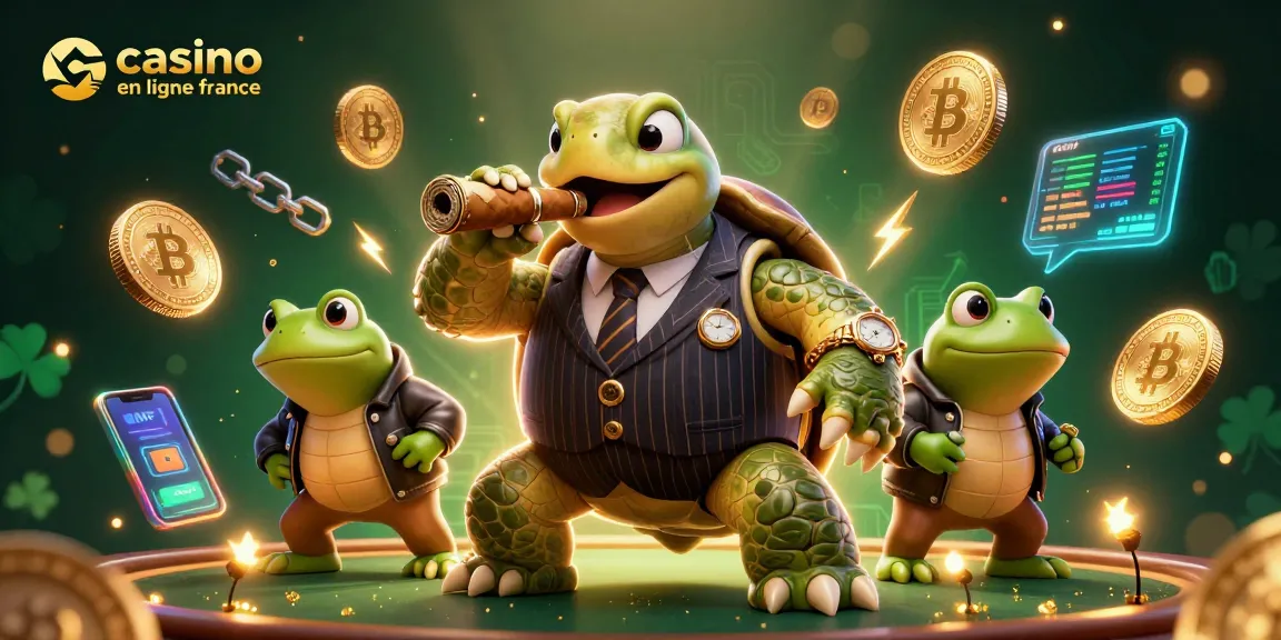 Le jeu excitant dans un casino en ligne en France avec une tortue massive à rayures et des grenouilles.