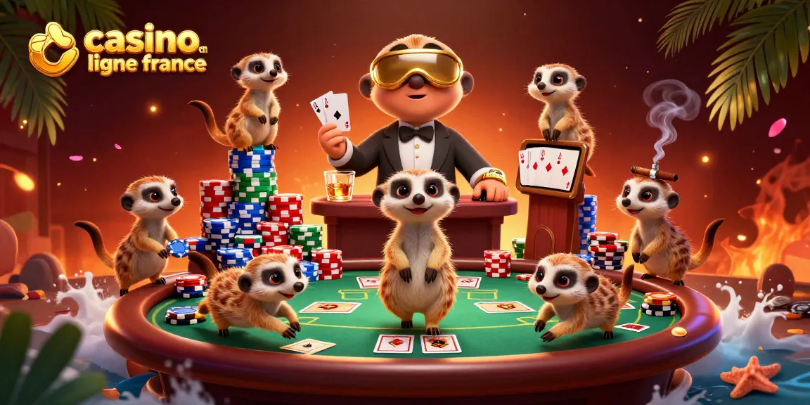 Casino en ligne France : des suricates gèrent un casino coloré rempli de jetons et de jeux de cartes
