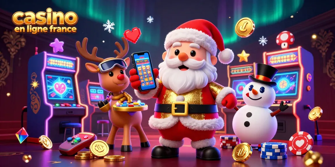 Visualisez le casino en ligne France avec un Santa chaleureux, un renne et un bonhomme de neige.