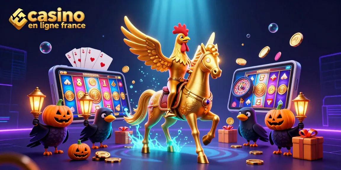 Jouer dans un casino en ligne France avec un roi coq doré et des créatures mystérieuses illuminantes.