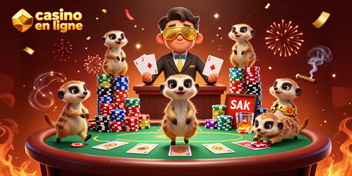Plongez dans l'univers du casino en ligne avec cette illustration captivante de suricates animés.