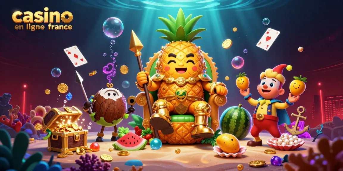 Profitez de l'ambiance festive du casino en ligne France avec un roi ananas et ses gardes.