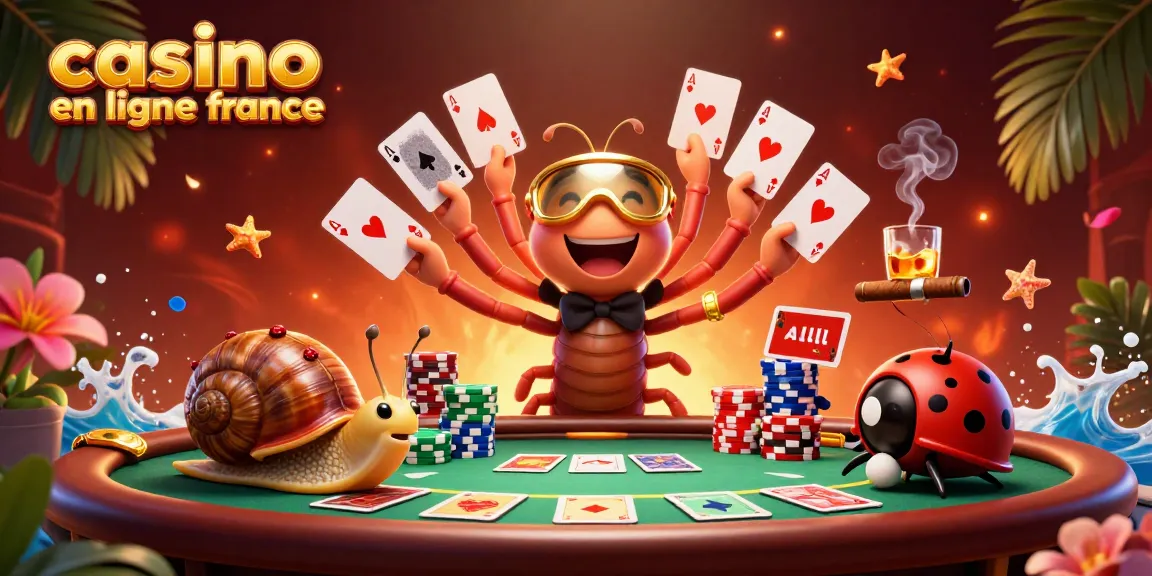 Illustration dynamique sur le thème du casino en ligne France, mettant en scène un croupier mille-pattes et un joueur escargot.