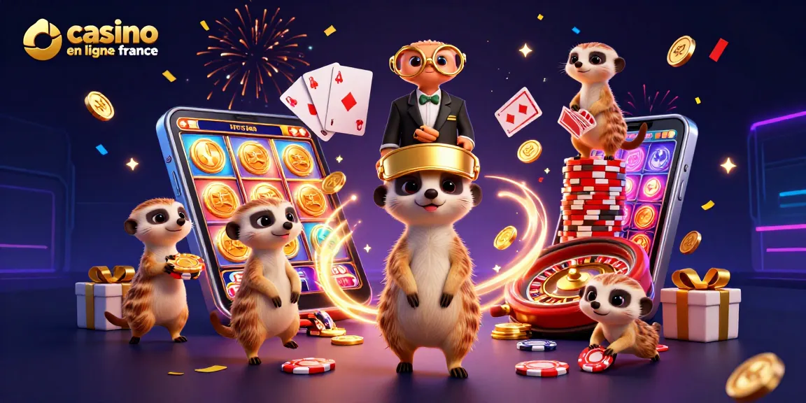 Des meerkats gèrent un casino en ligne France avec des jeux colorés et des jetons.
