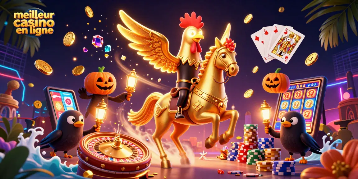 Illustration animée d'un meilleur casino en ligne, présentant un coq doré et des cimes de casino en pleine action.