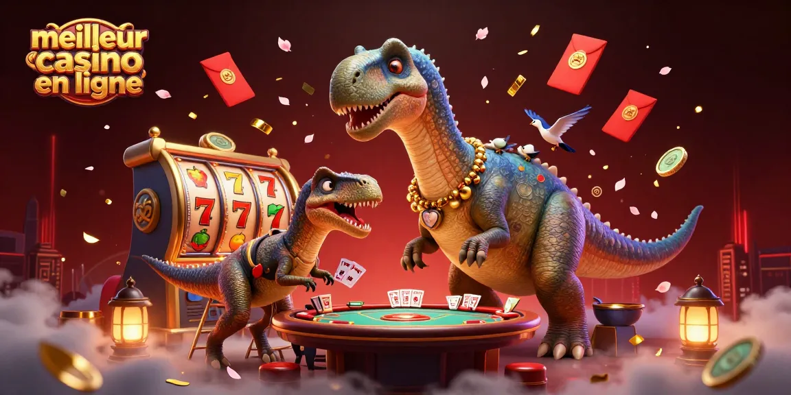 Meilleur casino en ligne : un brontosaurus géant observe un jeu de poker animé avec un rapace et des éléments de casino