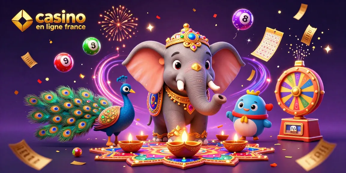Plongez dans l'univers du casino en ligne France avec un éléphant coloré et des éléments de bingo vibrants.