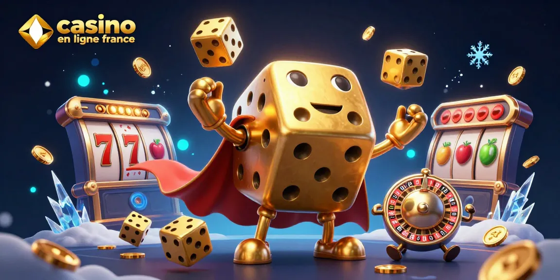 Illustration dynamique d'un golem de dés dorés pour casino en ligne France, lançant des dés et entouré de symboles de jackpot.