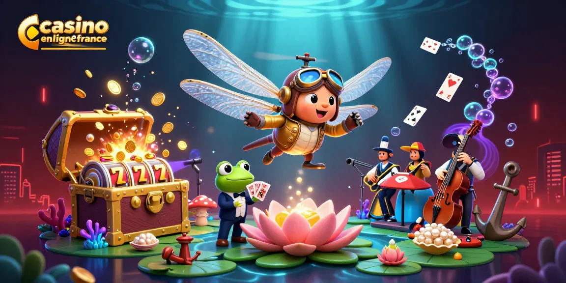 Scène animée avec un pilote hélicoptère libellule et un croupier grenouille au "casino en ligne france", jeux de cartes et joyaux.