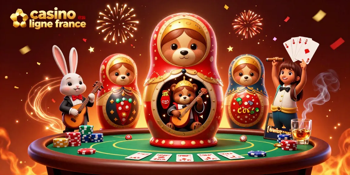 La scène dynamique de casino en ligne en France avec des ours Matryoshka et des éléments de poker.