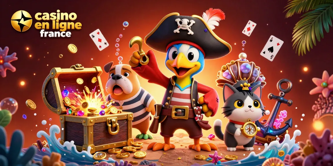 Illustration 3D d'un casino en ligne en France, avec des personnages pirates animés entourés de trésors et d'éléments de jeu