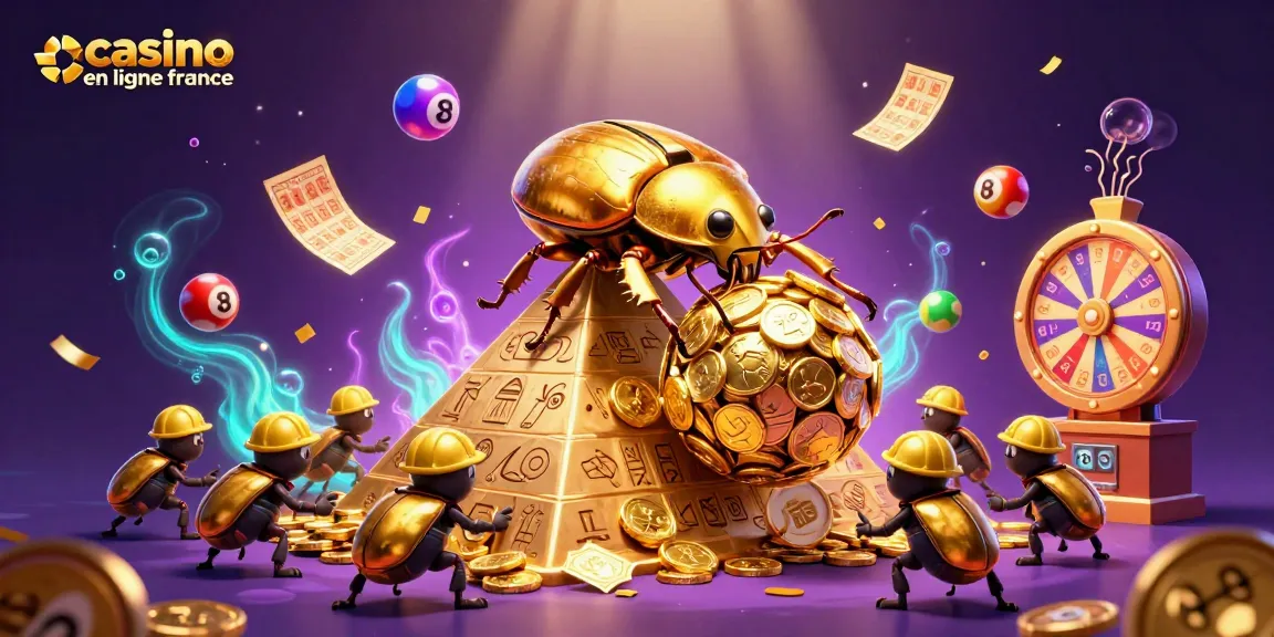Les jeux de casino en ligne en France sont en pleine effervescence avec un scarabée doré et des symboles colorés.