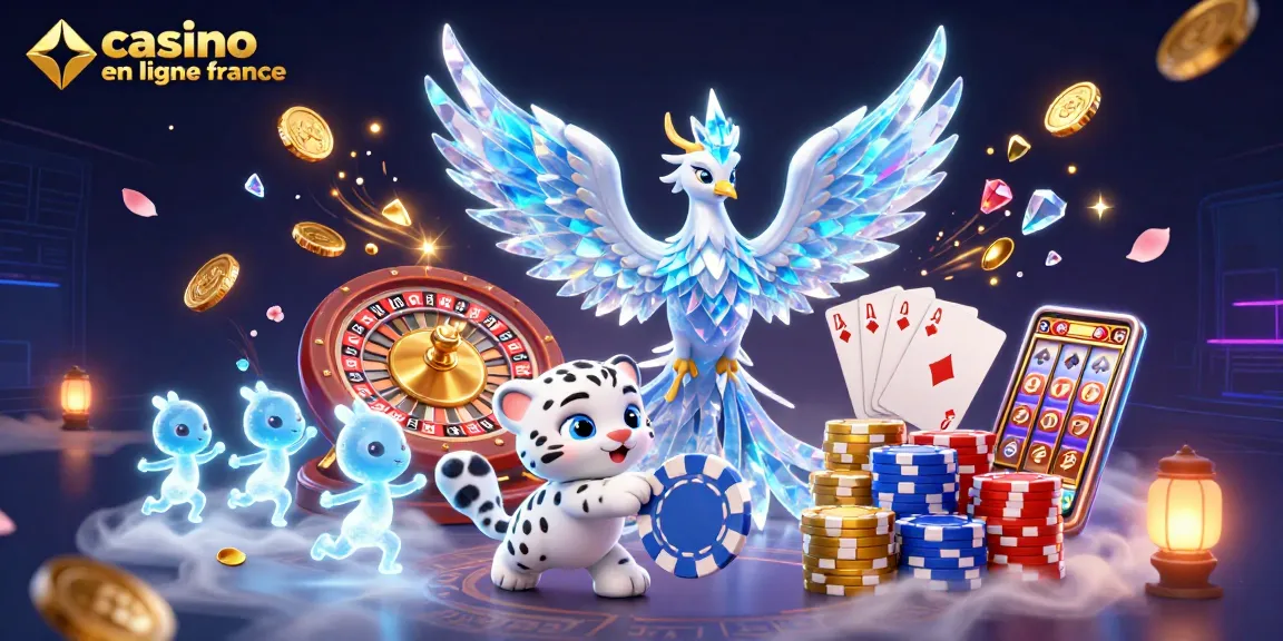 Illustration de jeu captivante sur le casino en ligne France avec le phoenix de glace et des jetons de poker