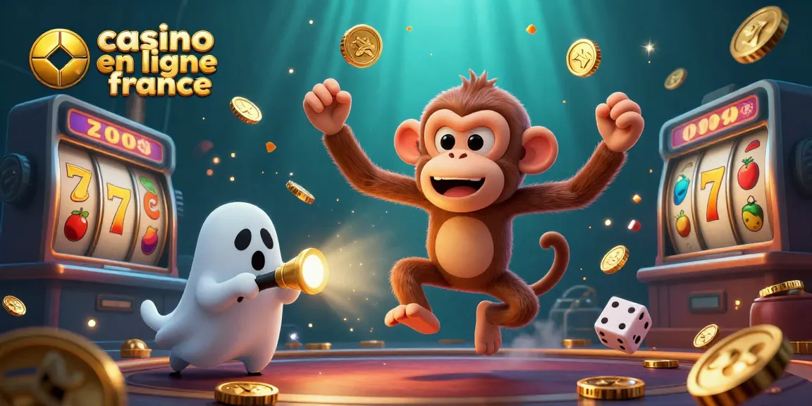 Illustration dynamique du casino en ligne France, avec un singe poltergeist jonglant et un chiot chasseur de fantômes.
