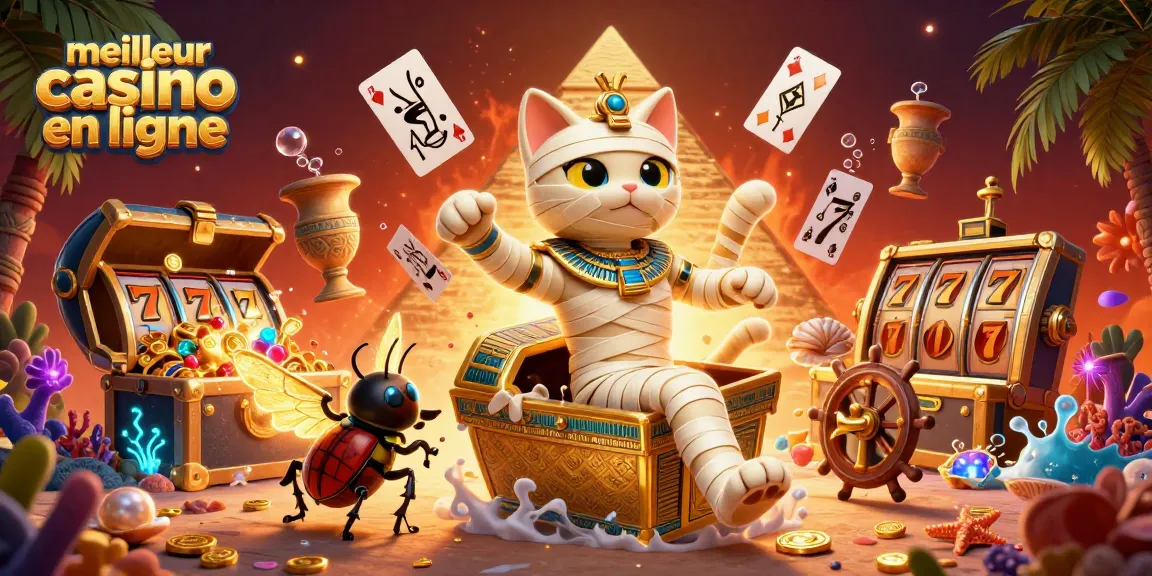 Découvrez le meilleur casino en ligne avec notre illustration captivante d'un chat momie égyptien et des éléments de jeu.